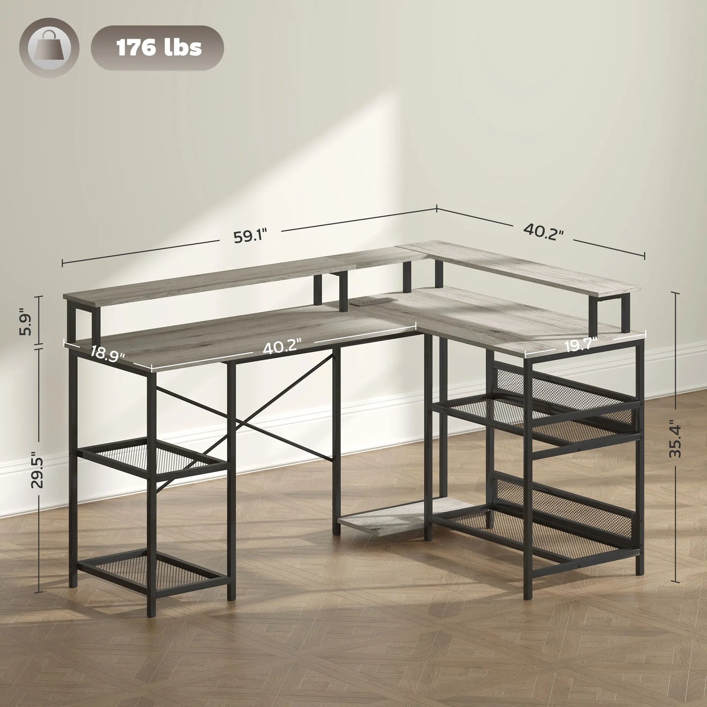 L Shaped Desk with Storage LED Lights Power Outlets Home Office