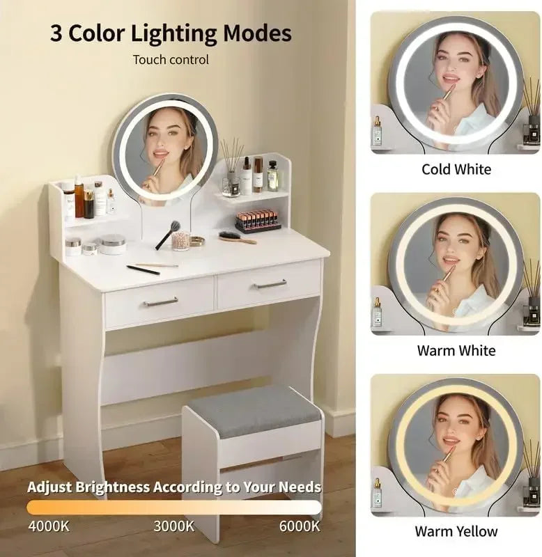 Vanity Desk with Mirror and Lights Makeup Table Set Storage Chair