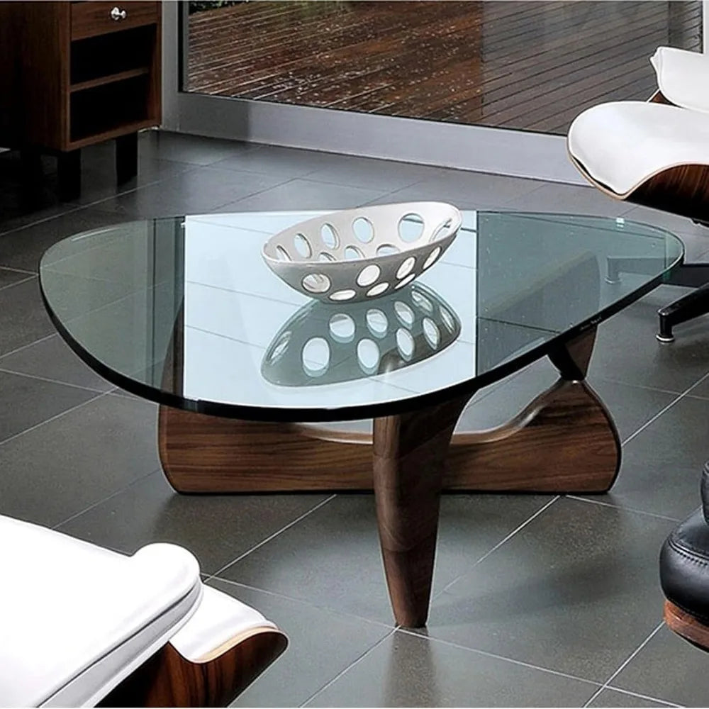 Triangular Glass Coffee Table with Wooden Base Mid-Century Modern Style