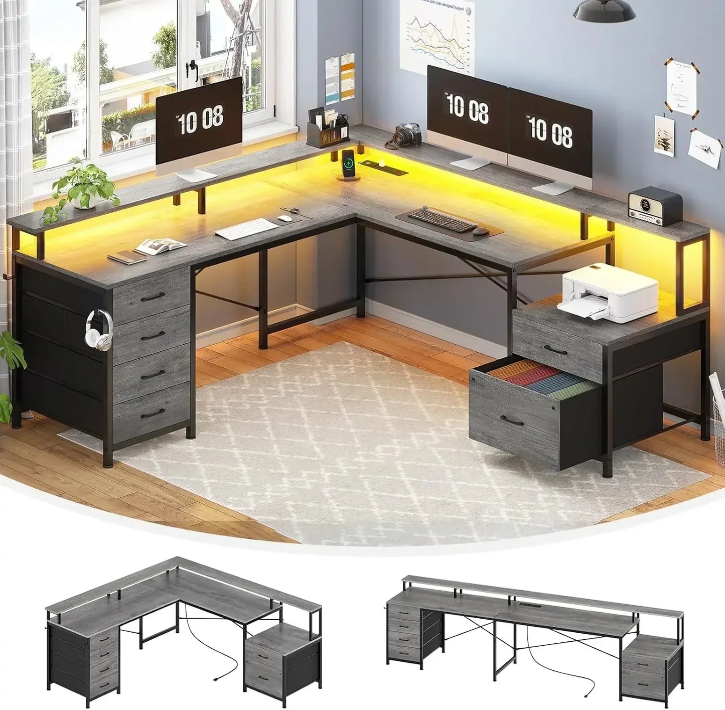 L-Shaped Office Desk with Monitor Rack and 6 Drawers for Home Office