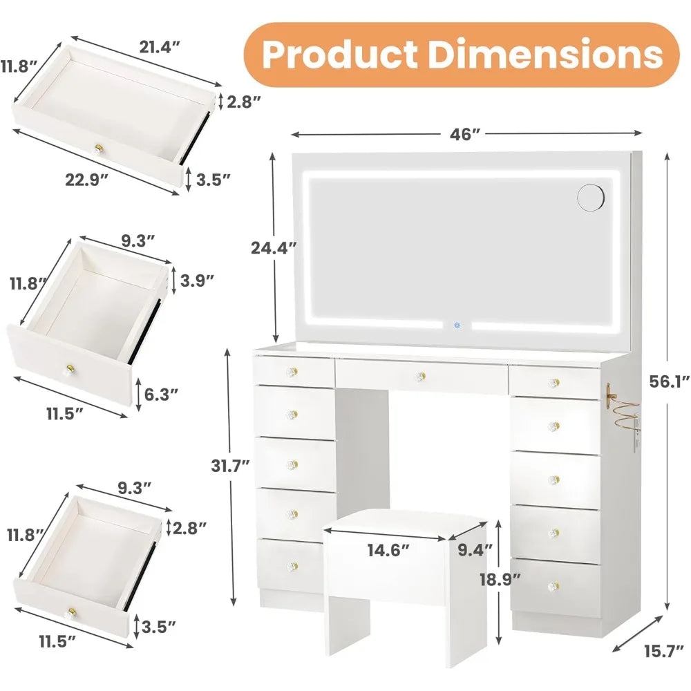 Glass Top Vanity Desk with 11 Drawers LED Mirror and Stool for Makeup