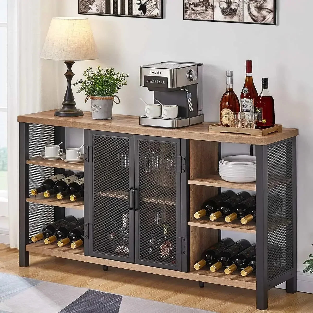 Industrial Wine Bar Cabinet Coffee Bar Sideboard with Wine Rack Storage
