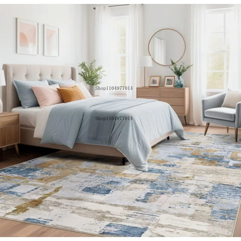 Blue Gold Abstract Living Room Rug Non-Slip Soft Washable Carpet