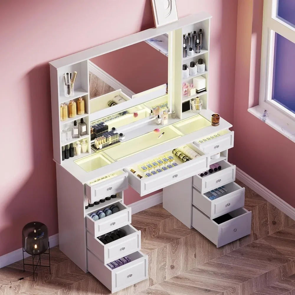 Ljustra Vanity Desk with Mirror and Lights 9 Drawers Dressing Table