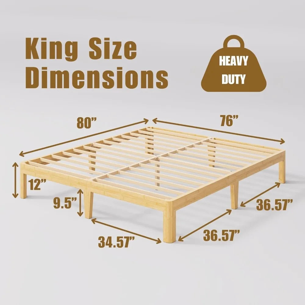 12 Inch High Bamboo King Bed Frame Platform Steel Slat Support Easy Assembly