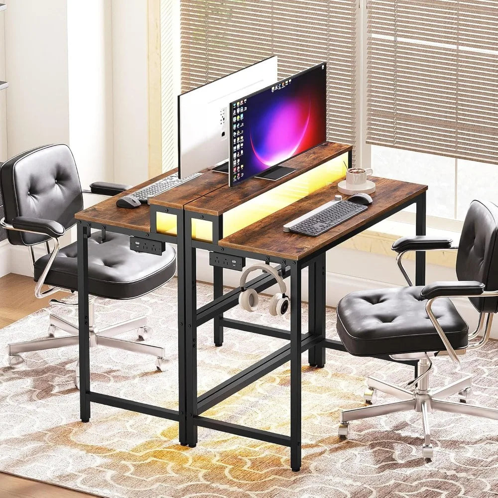 Desk with Charging Station LED Lights Gaming Desk Monitor Stand Home Office
