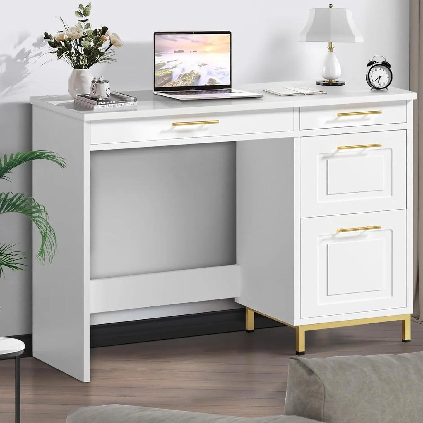 Modern Black Desk with Drawers and Golden Handles for Home Office