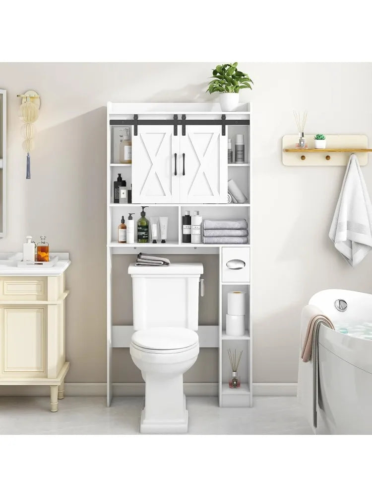 Farmhouse Storage Cabinet Over Toilet with Sliding Doors Space-Saving Rack