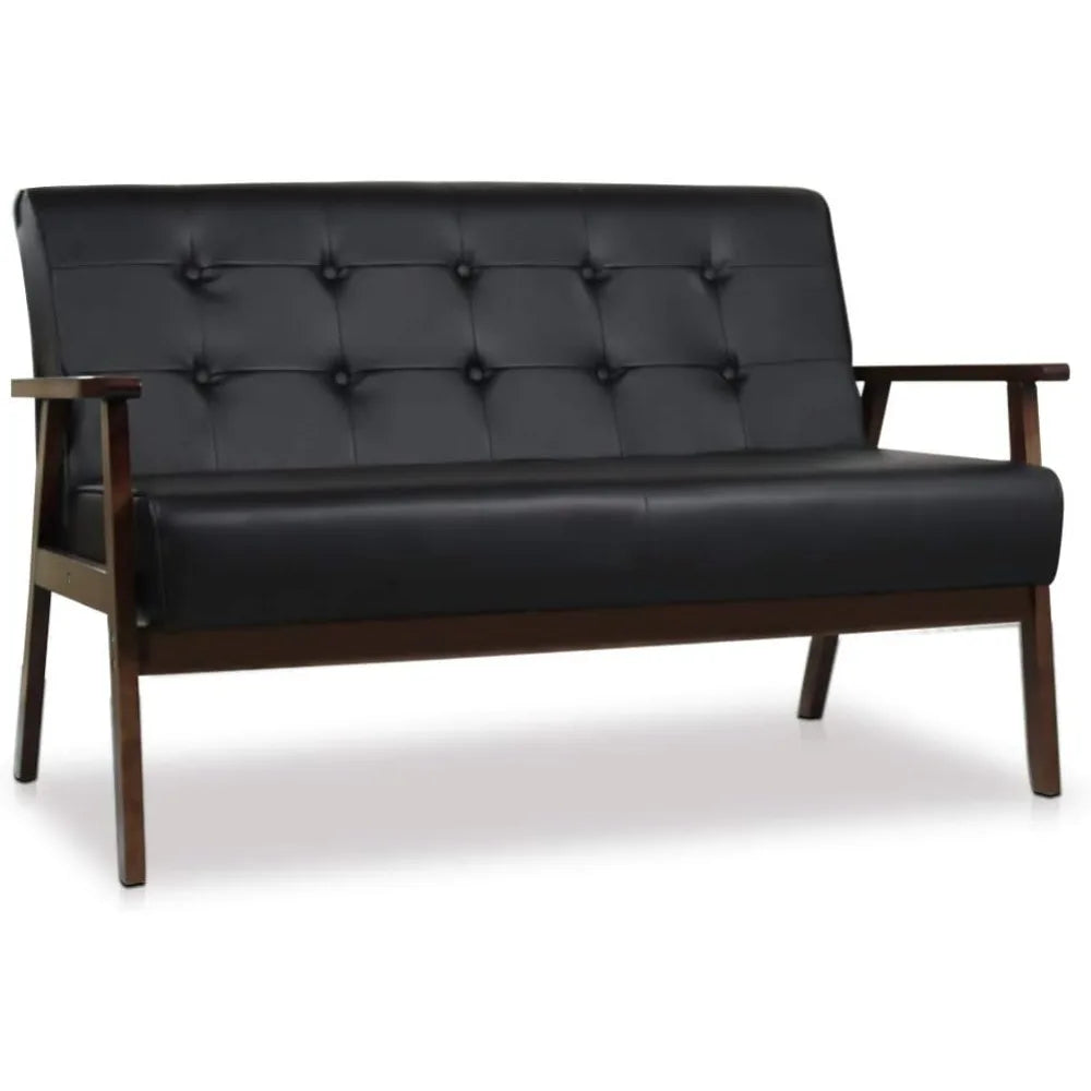 Mid-Century Faux Leather 2-Seater Loveseat Sofa Black Wood Frame Couch Apartment