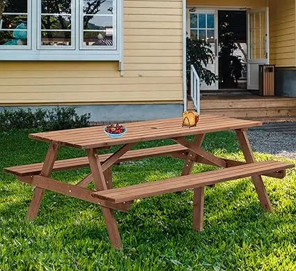 10 Person Solid Wood Outdoor Round Picnic Table and Bench Set