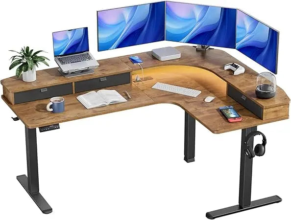 65 Inch L Shaped Electric Height Adjustable Standing Desk with Power Outlets