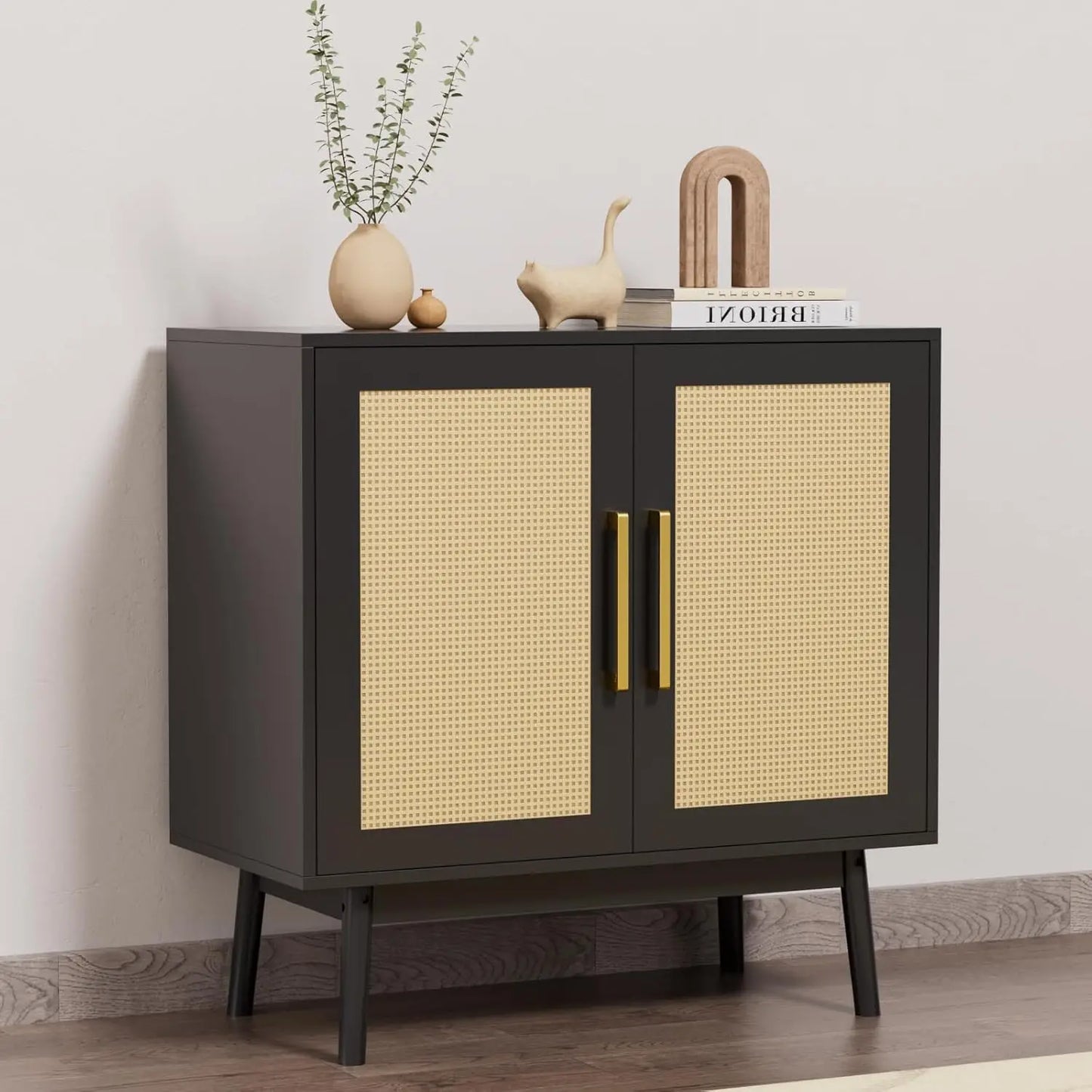 Sideboard Buffet Cabinet Set of 2 Rattan Storage for Kitchen Hallway
