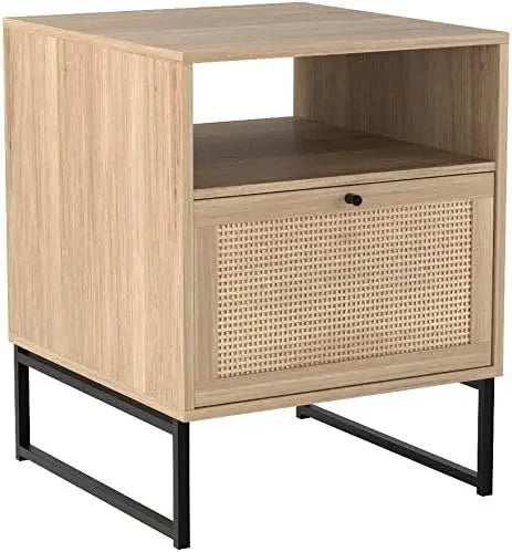 Mina Rattan Wood End Accent Table Nightstand Storage Living Room Bedroom