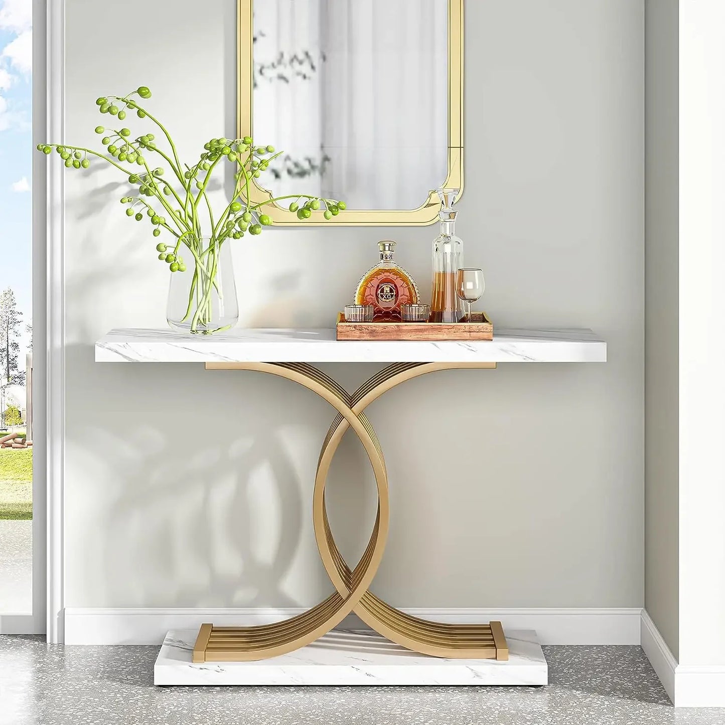 Ljustra Modern 39-Inch Console Table Faux Marble Gold Metal Legs
