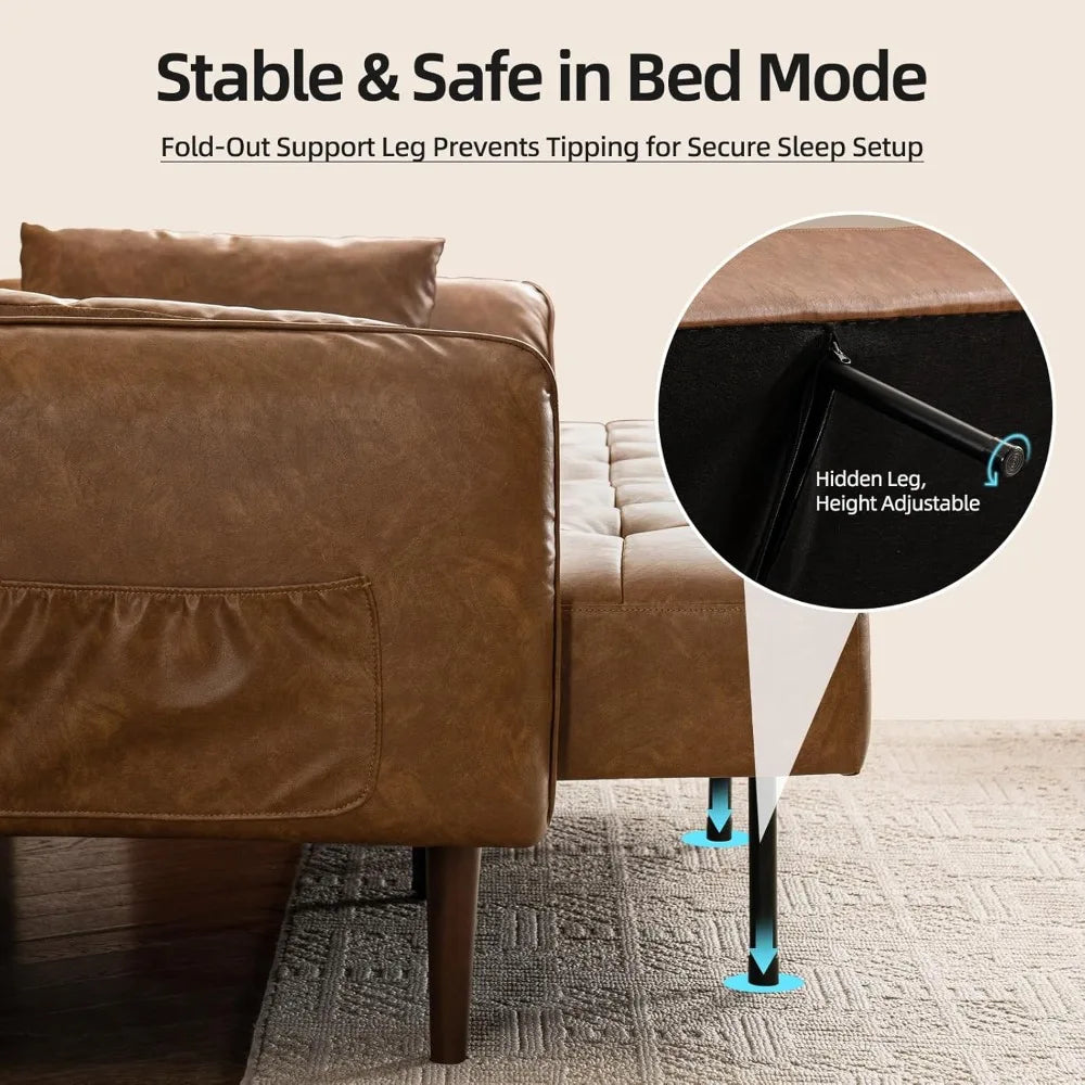 85 Inch Mid Century Modern Faux Leather Futon Sofa Bed Couch Storage