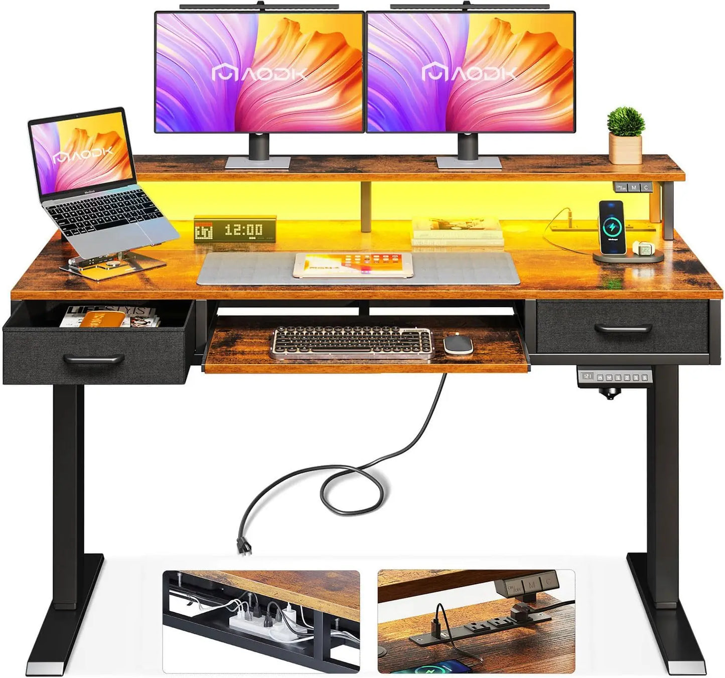 Electric Standing Desk with Drawers Keyboard Tray Power Outlets LED Lights
