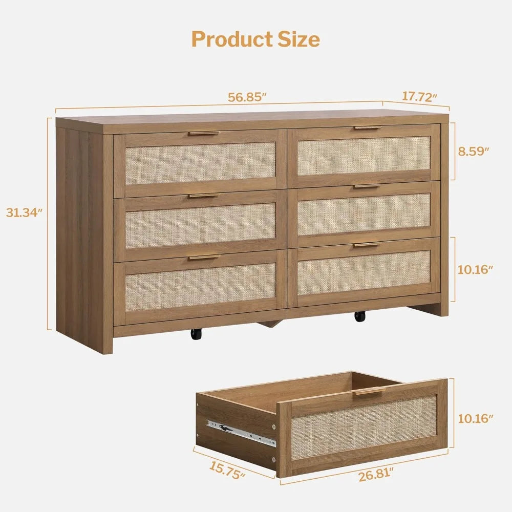 Rattan Dresser 6 Drawer Chest Storage Modern Bohemian Style for Bedroom