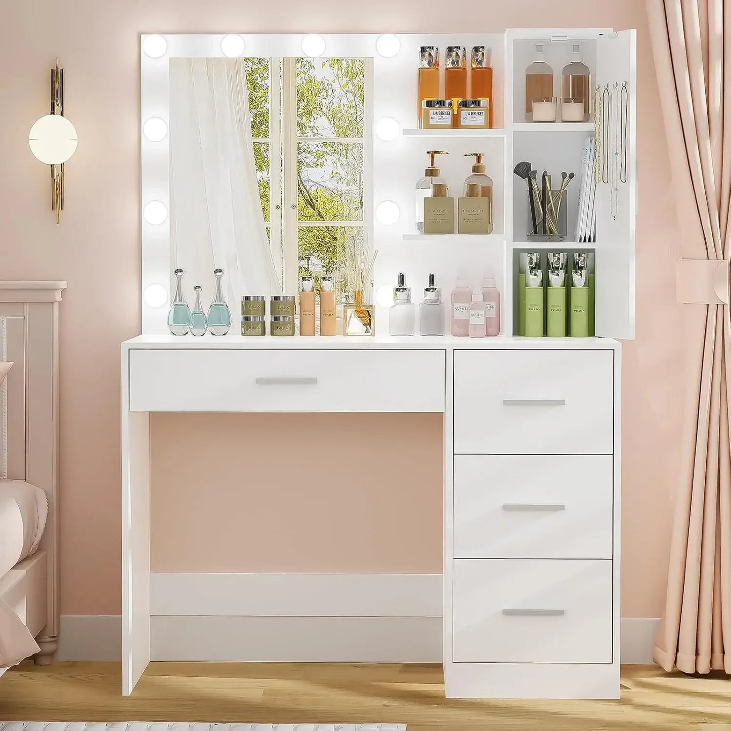 Makeup Vanity with Mirror and 10 LED Lights 4 Drawers Necklace Hooks