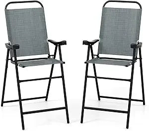 2 Pieces Folding Patio Bar Chairs Outdoor High Top Metal Frame