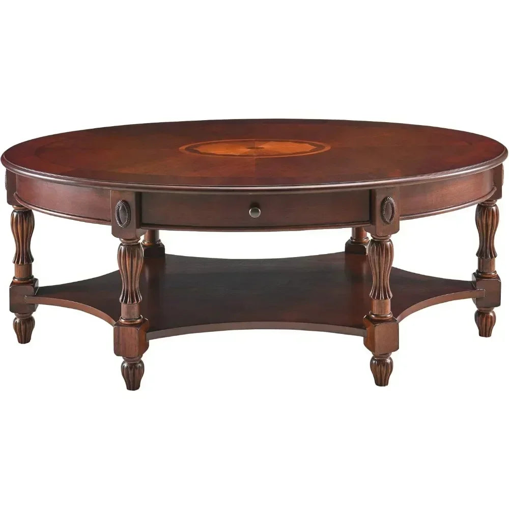 Solid Wood Oval Coffee Table with Storage Drawer Vintage Style