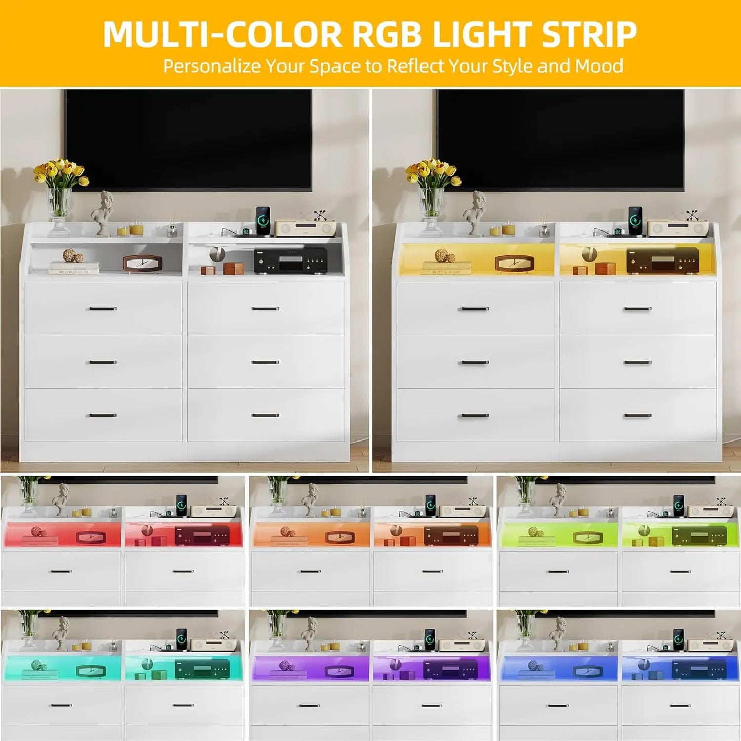 6 Drawer Dresser LED Light Charging Station Modern Storage Cabinet