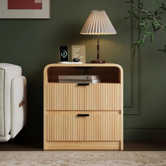 24 Inch Fluted Nightstand with Charging Station and 2 Drawers Storage