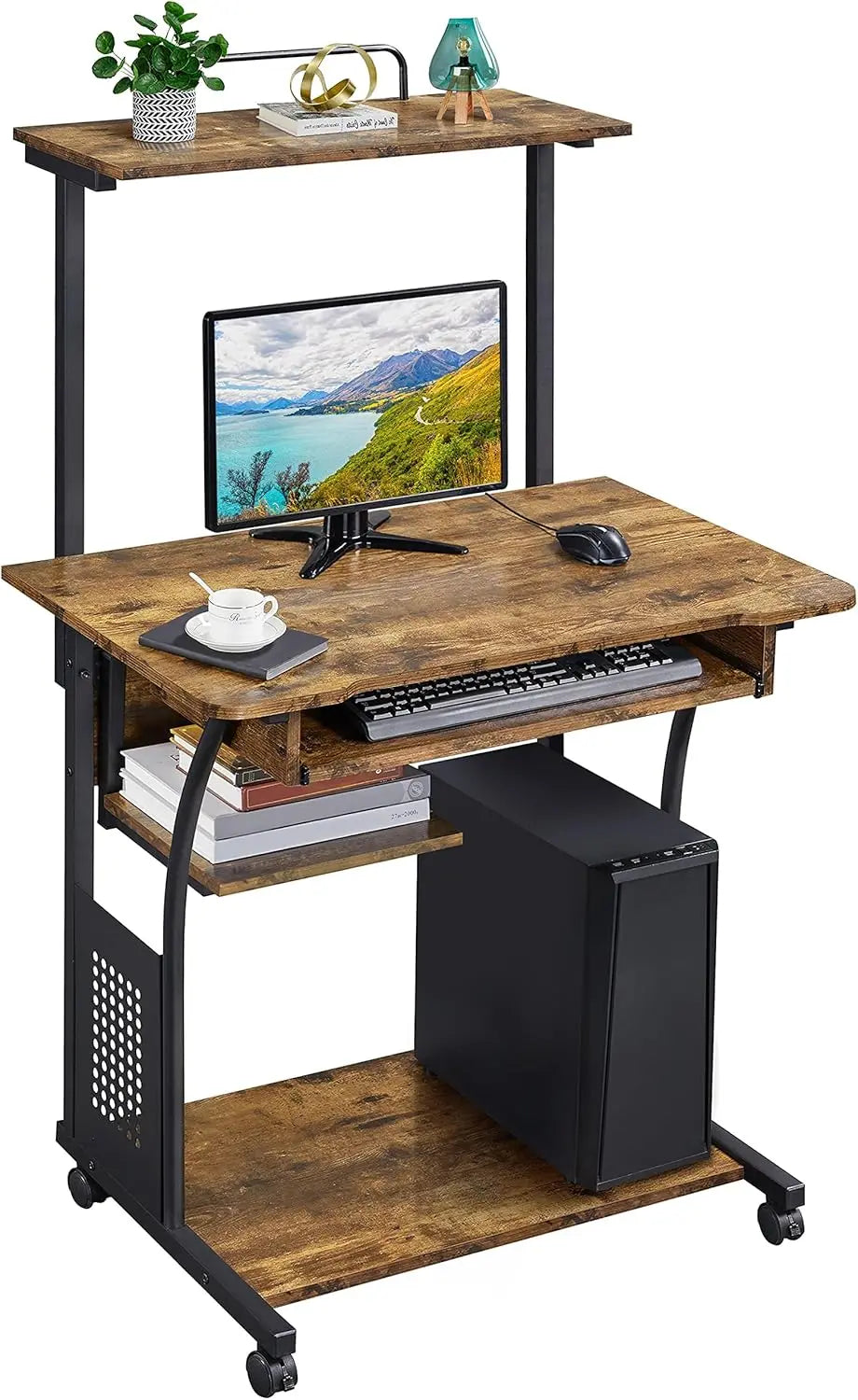 3 Tier Rolling Computer Desk with Keyboard Tray for Home Office Small Space