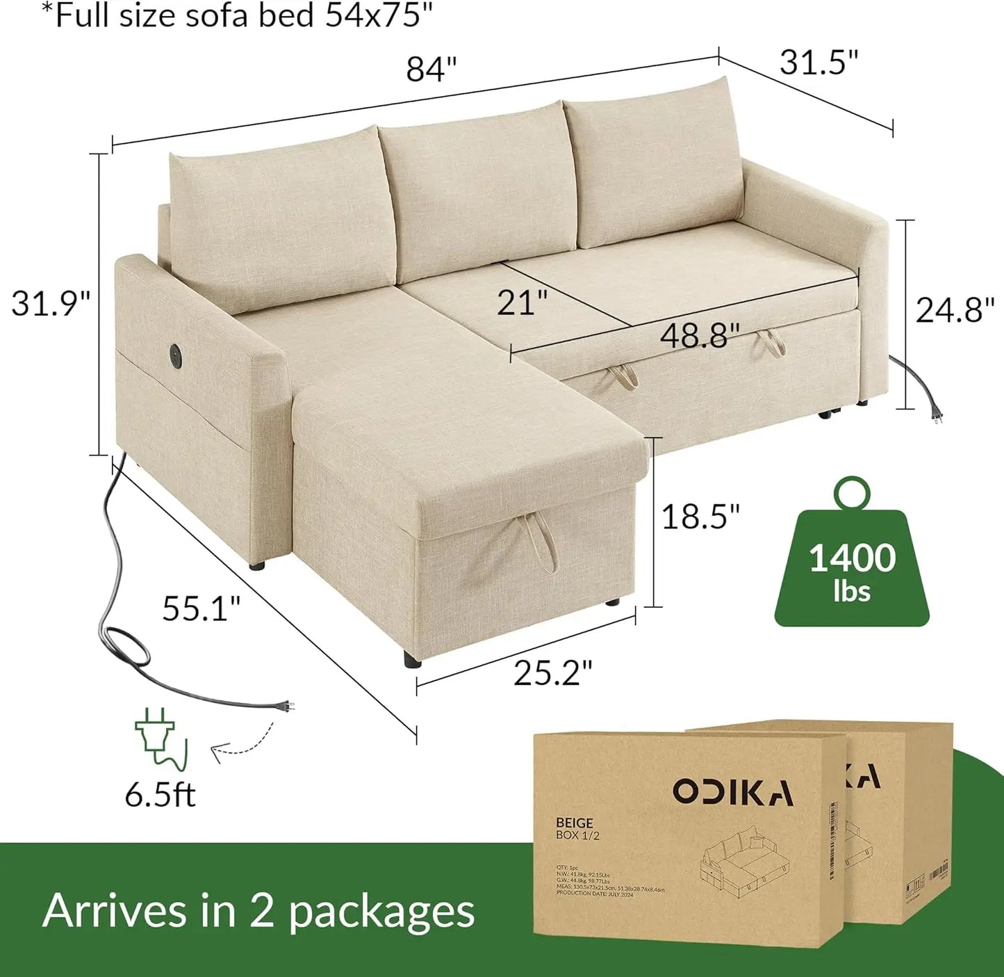 L Shaped Convertible Sleeper Sofa Bed Sectional Couch USB Charging