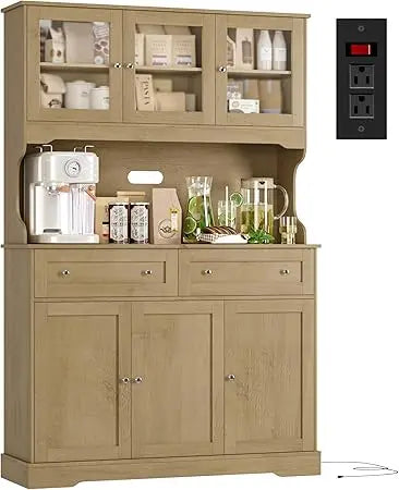 Tall Kitchen Pantry Cabinet with Countertop and Outlets Farmhouse Style
