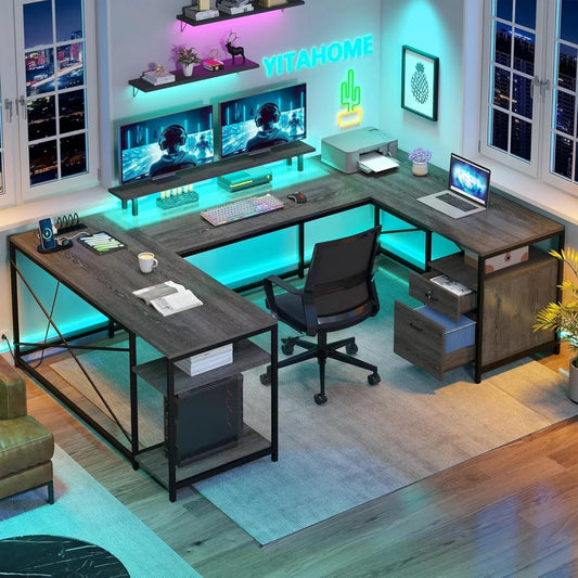 U Shaped Desk with Power Outlets LED Lights Reversible L Shaped Desk