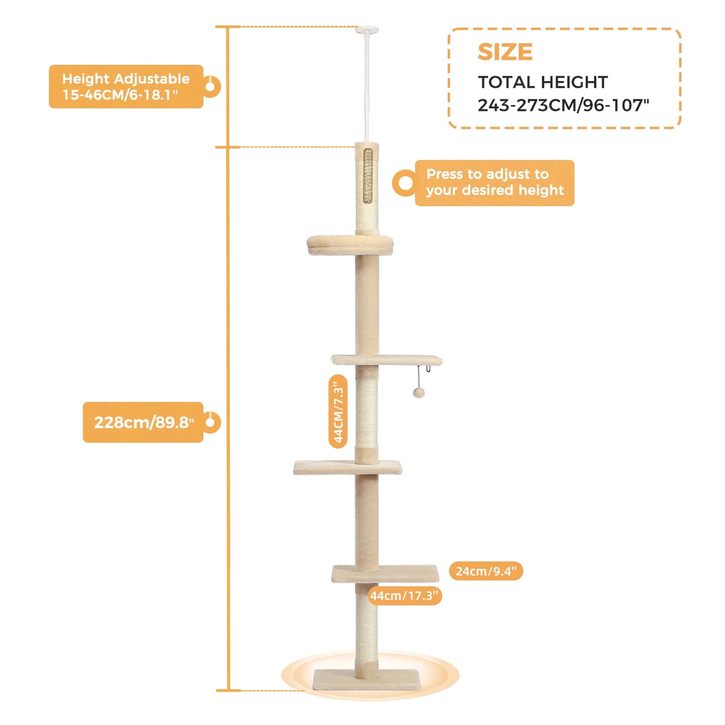 Adjustable Height Cat Tree Indoor Floor to Ceiling Tower Scratching Post