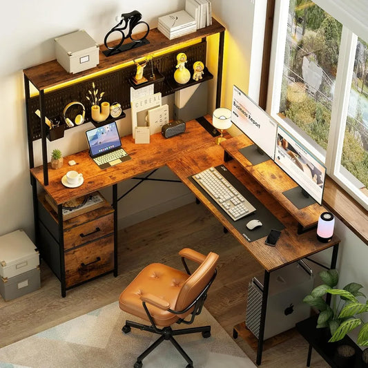 L Shaped Desk with Pegboard LED Lights and Power Outlets for Gaming
