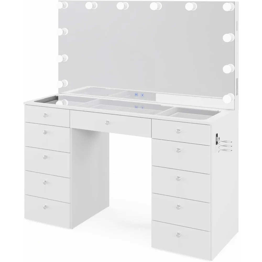 elle white makeup vanity desk with bluetooth speaker and hollywood lights