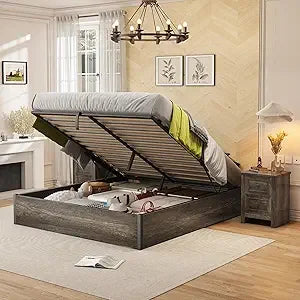 Ljustra Lift Up Storage Bed Frame Queen Wooden Platform Industrial Rustic
