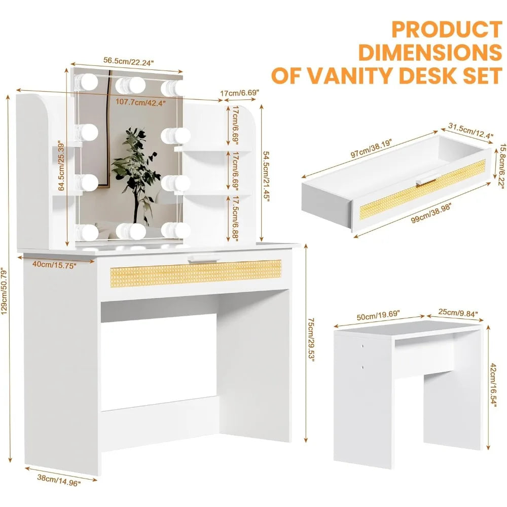 Modern Vanity Desk Set with LED Mirror Storage Stool Dressing Table