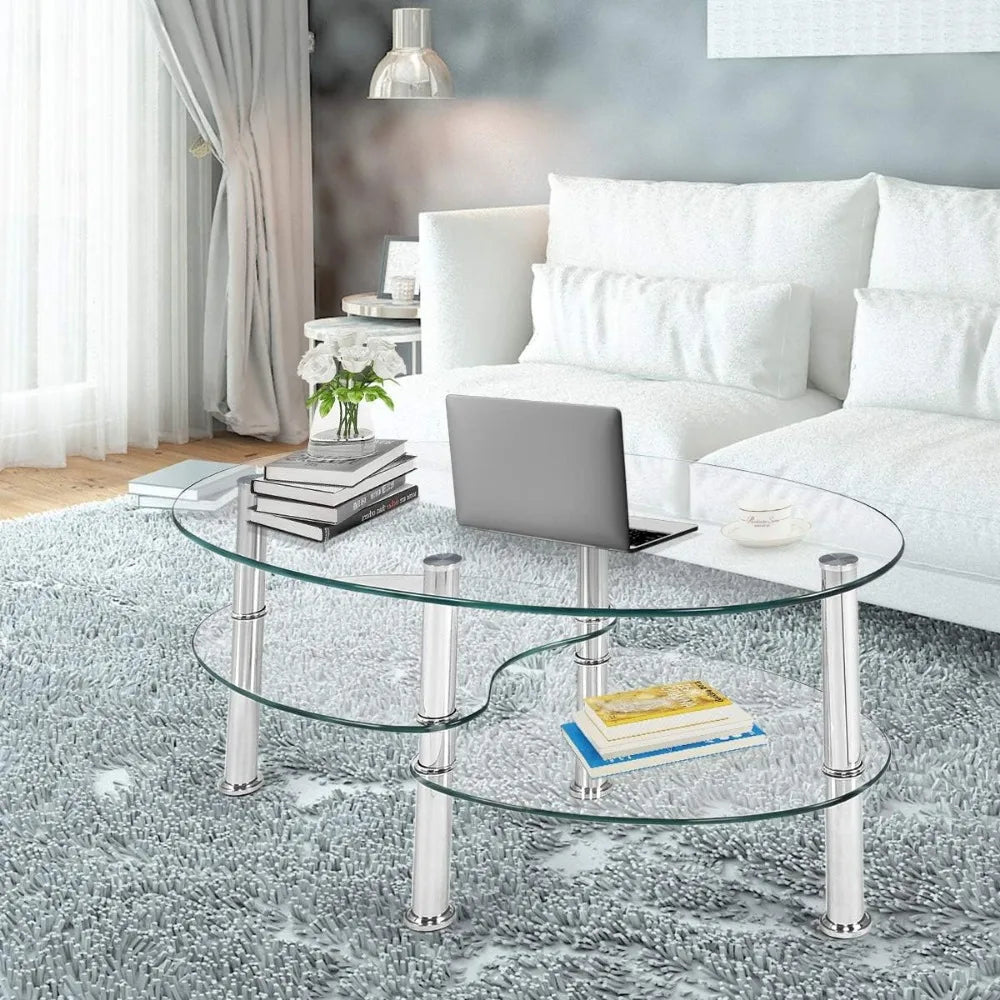 Modern Glass Coffee Table with Steel Legs 3-Tier Shelves for Living Room