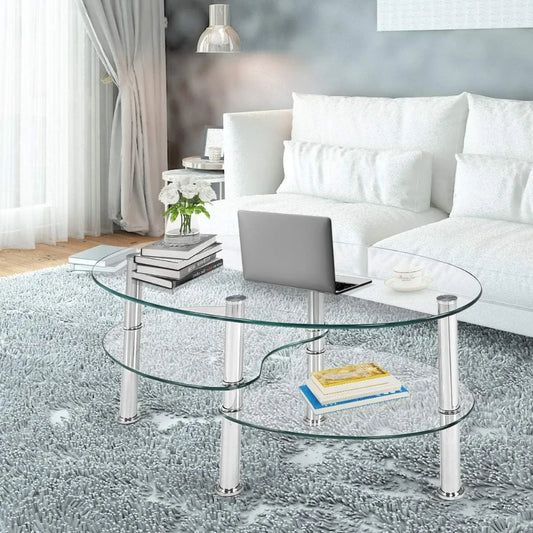 Modern Glass Coffee Table with Steel Legs 3-Tier Shelves for Living Room