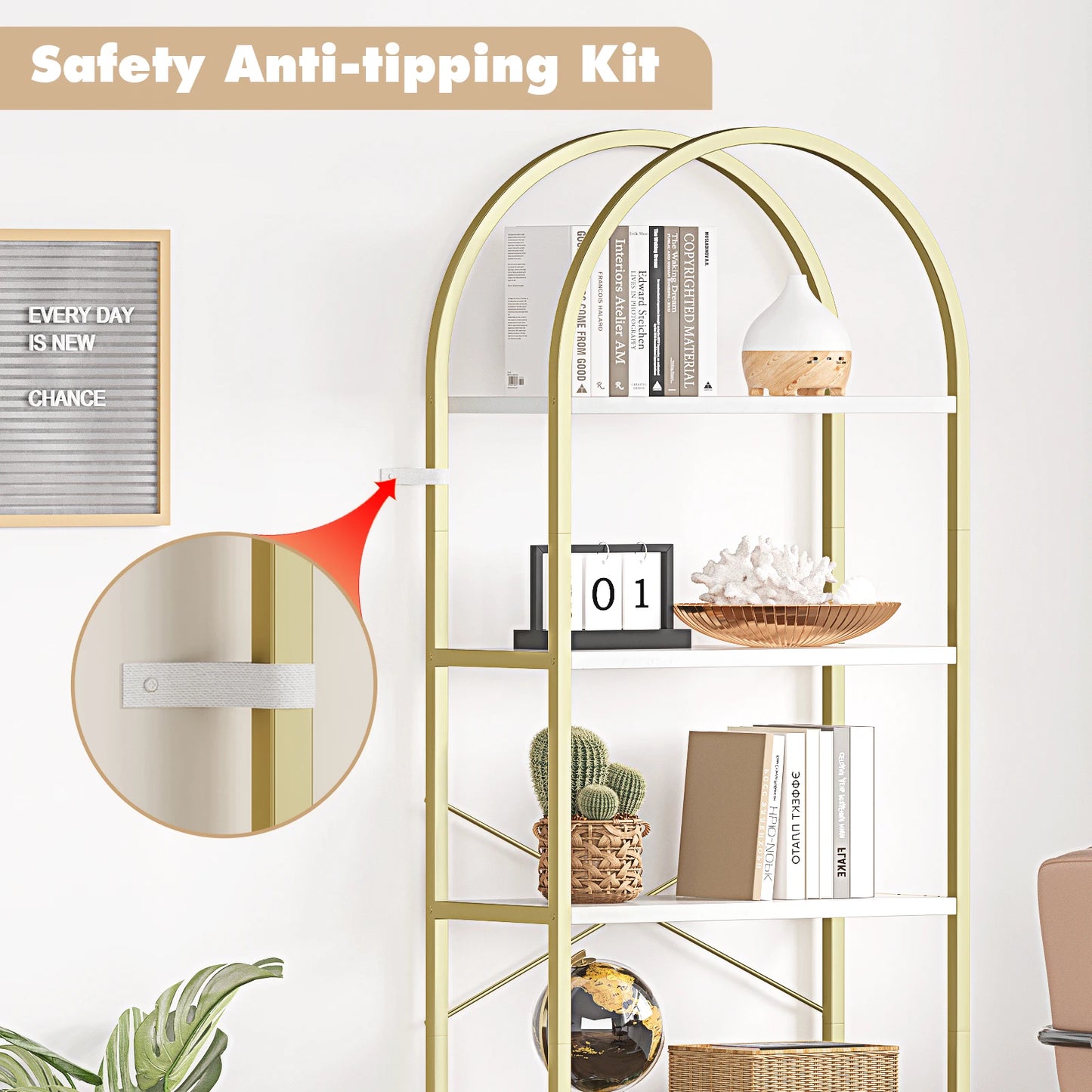 Tall 5 Tier Bookshelf Arched Display Modern Metal Frame Wooden Bookcase