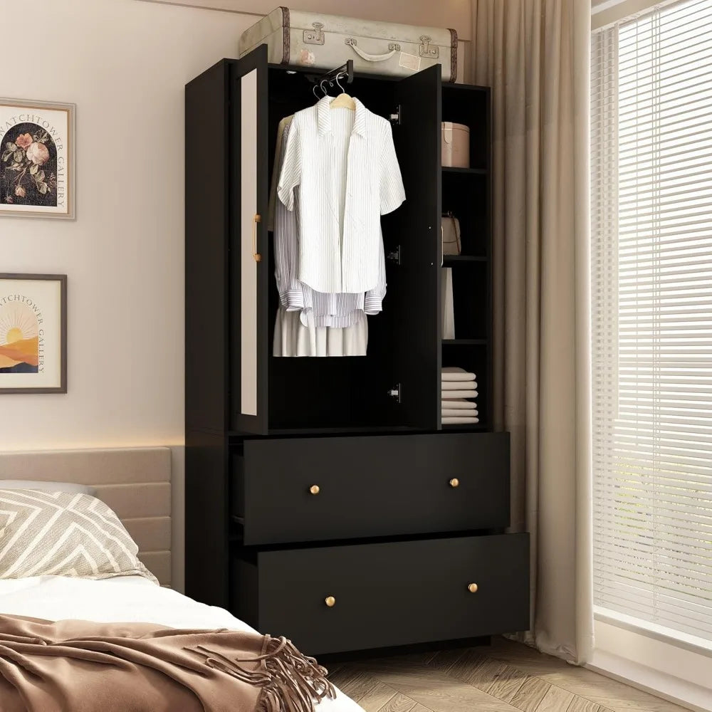 Wardrobe Armoire Closet with Mirror and Drawers Extendable Rod
