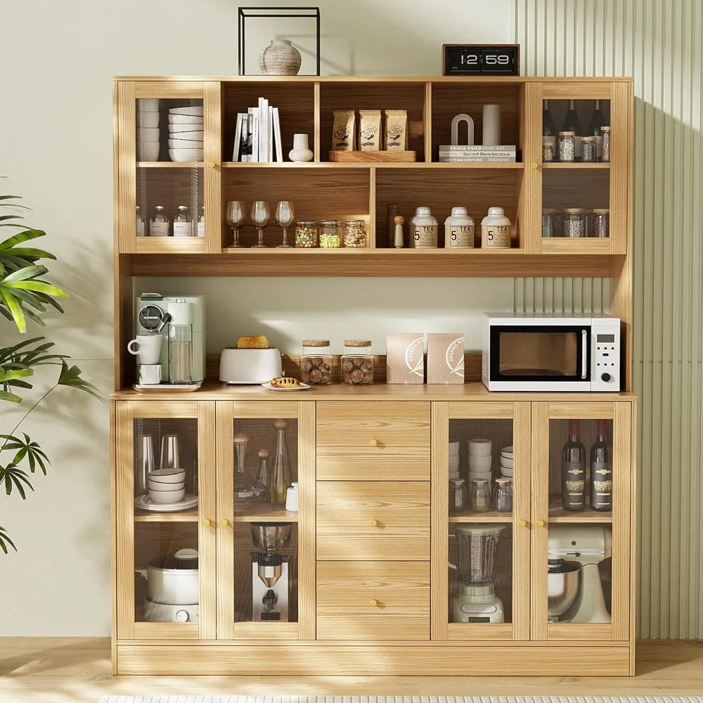 Large Kitchen Hutch Cabinet with Glass Doors and Drawers for Storage