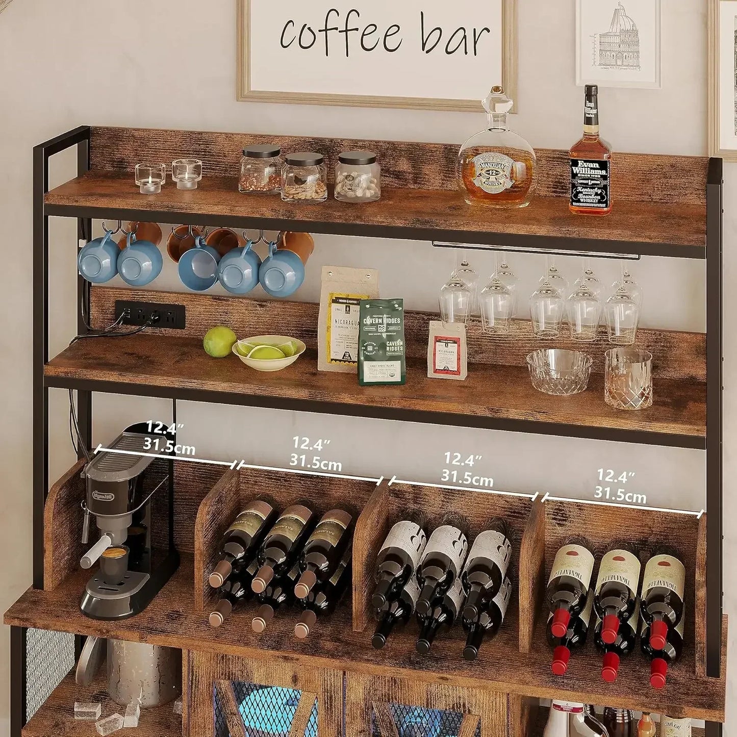 Coffee Bar Cabinet Industrial Buffet 3-Tier Liquor Storage Home Kitchen