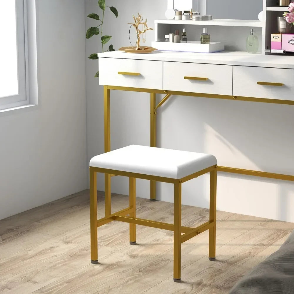 Vanity Table with Lighted Mirror and Cushioned Stool for Makeup