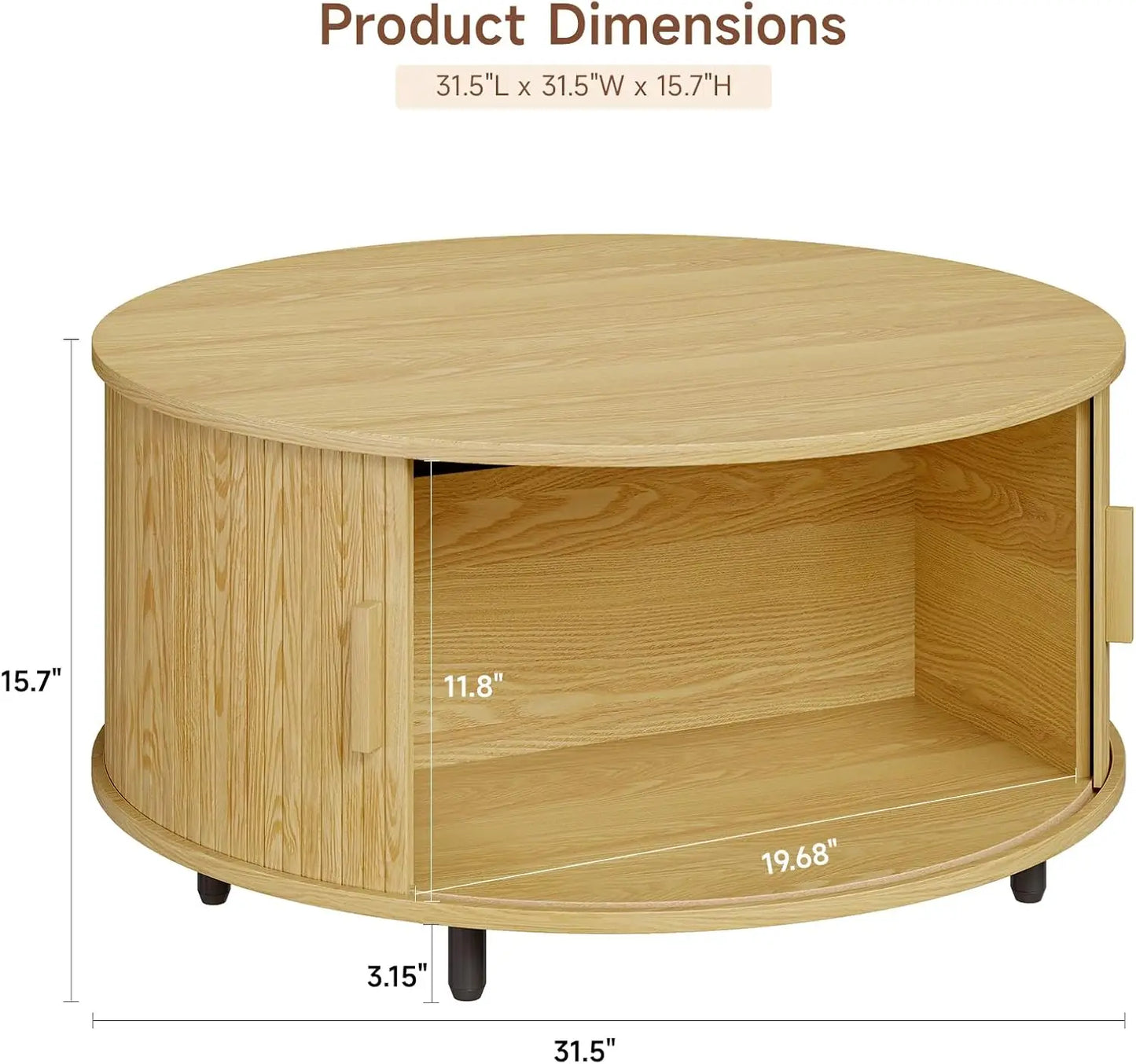 Round Coffee Table with Storage Modern 31.5 Inch Curved Sliding Door
