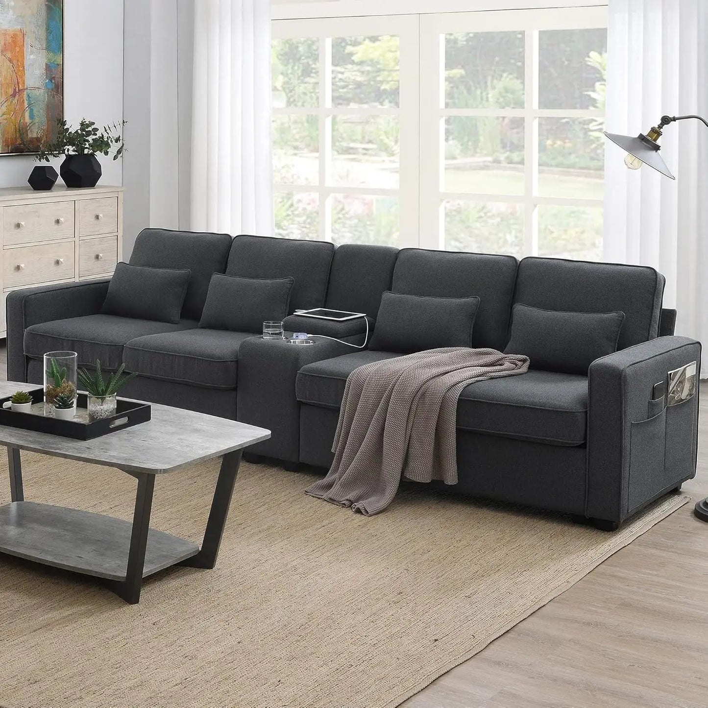 104" 4-Seater Linen Fabric Sofa Couch w/ Side Storage Pockets & Pillows – Modern Minimalist Design