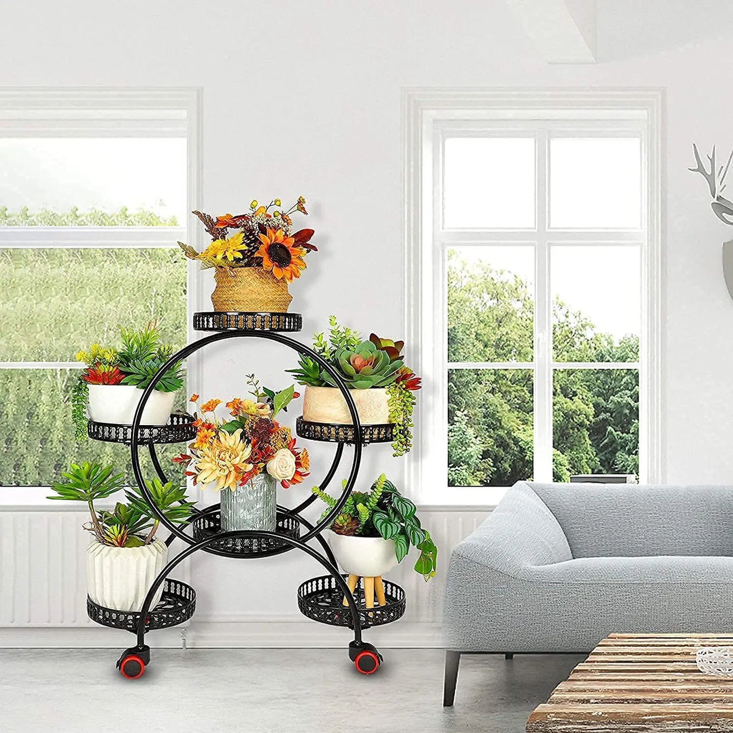 6 Tier Metal Plant Stand Rolling Flower Pot Rack Indoor Outdoor