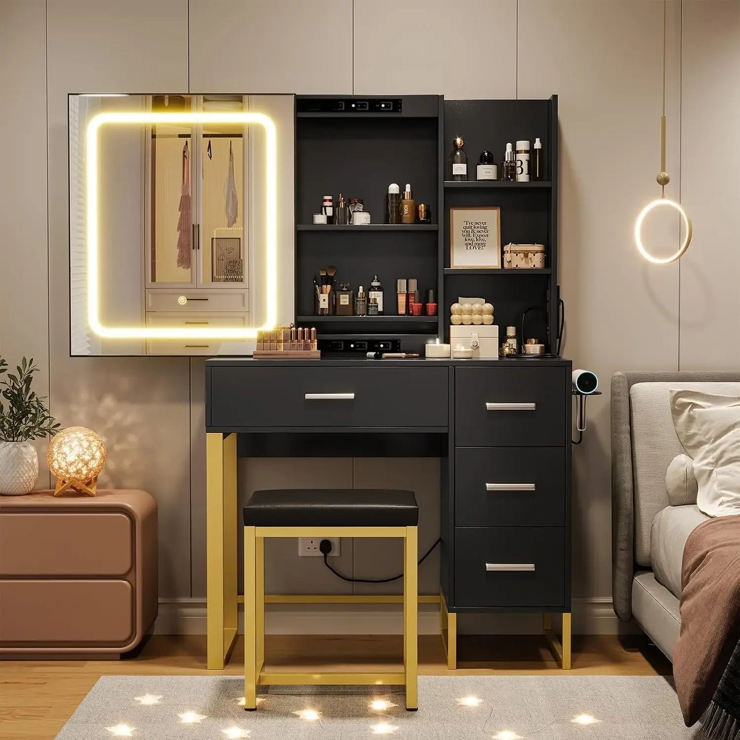 Modern Vanity Set LED Lighted Mirror USB Charging Station Dressing Table