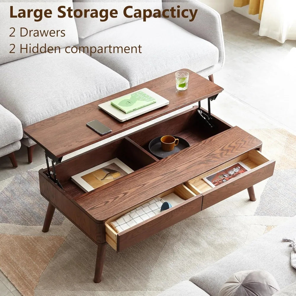 Solid Wood Lift Top Coffee Table Mid Century Modern Storage Table