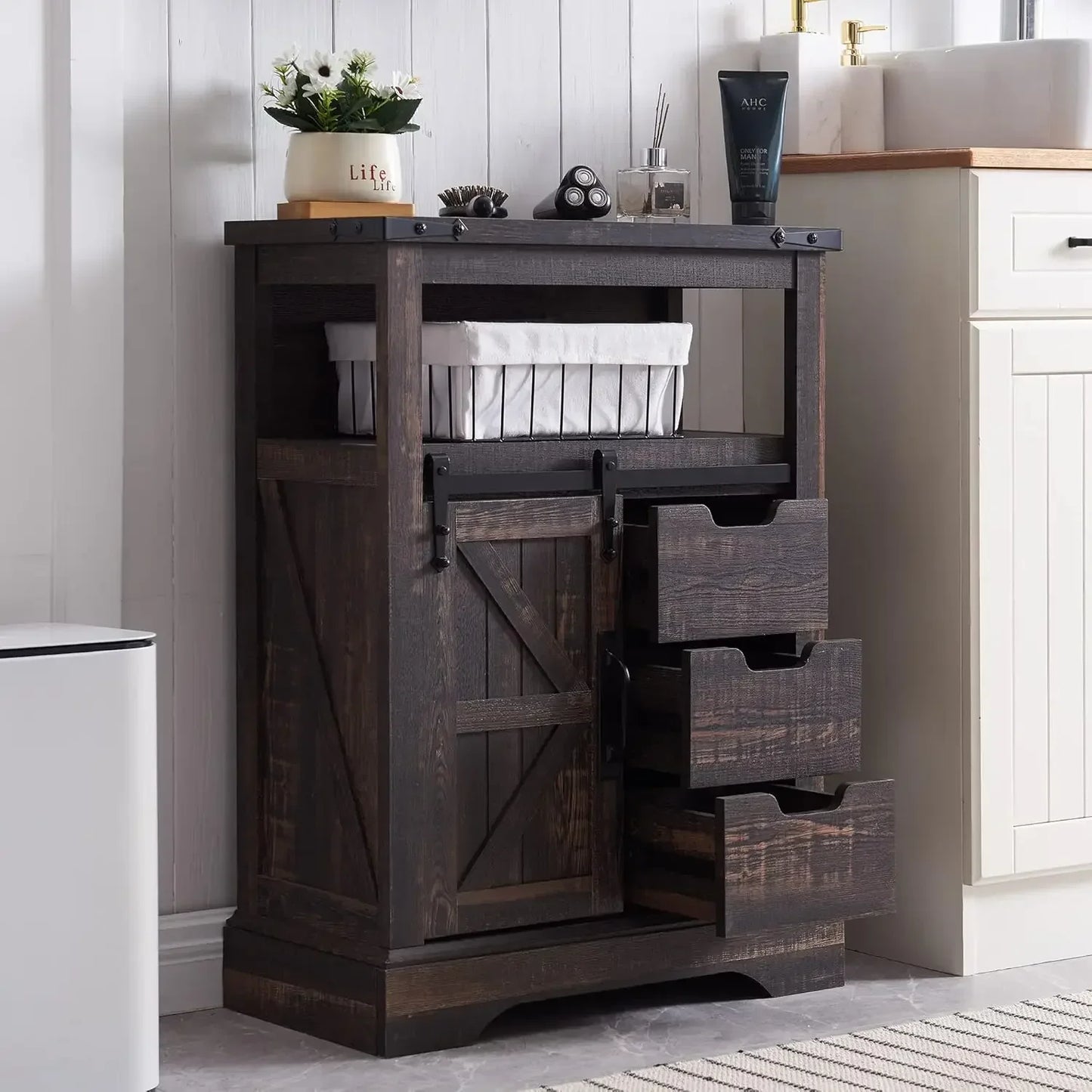 Bathroom Floor Cabinet Farmhouse Storage Cabinet with Sliding Door Drawers
