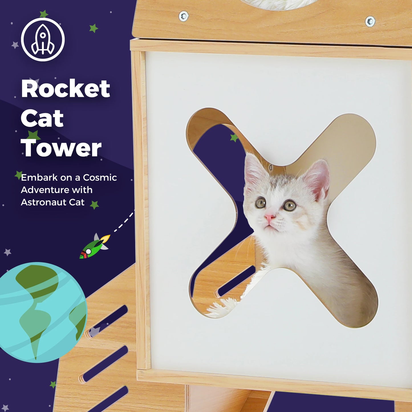 Modern Cat Tree Rocket Shape Wooden Indoor Cat Tower with Playhouse