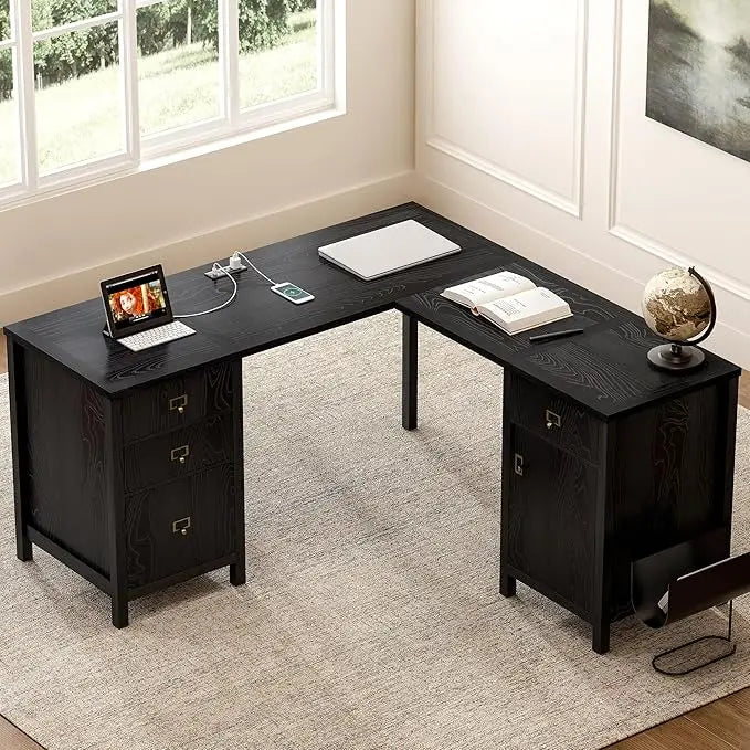 L Shaped Desk with Drawers Storage File Cabinet for Home Office